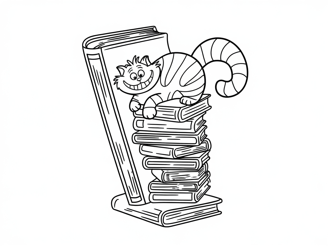 Cheshire Cat Resting on a Tower of Books