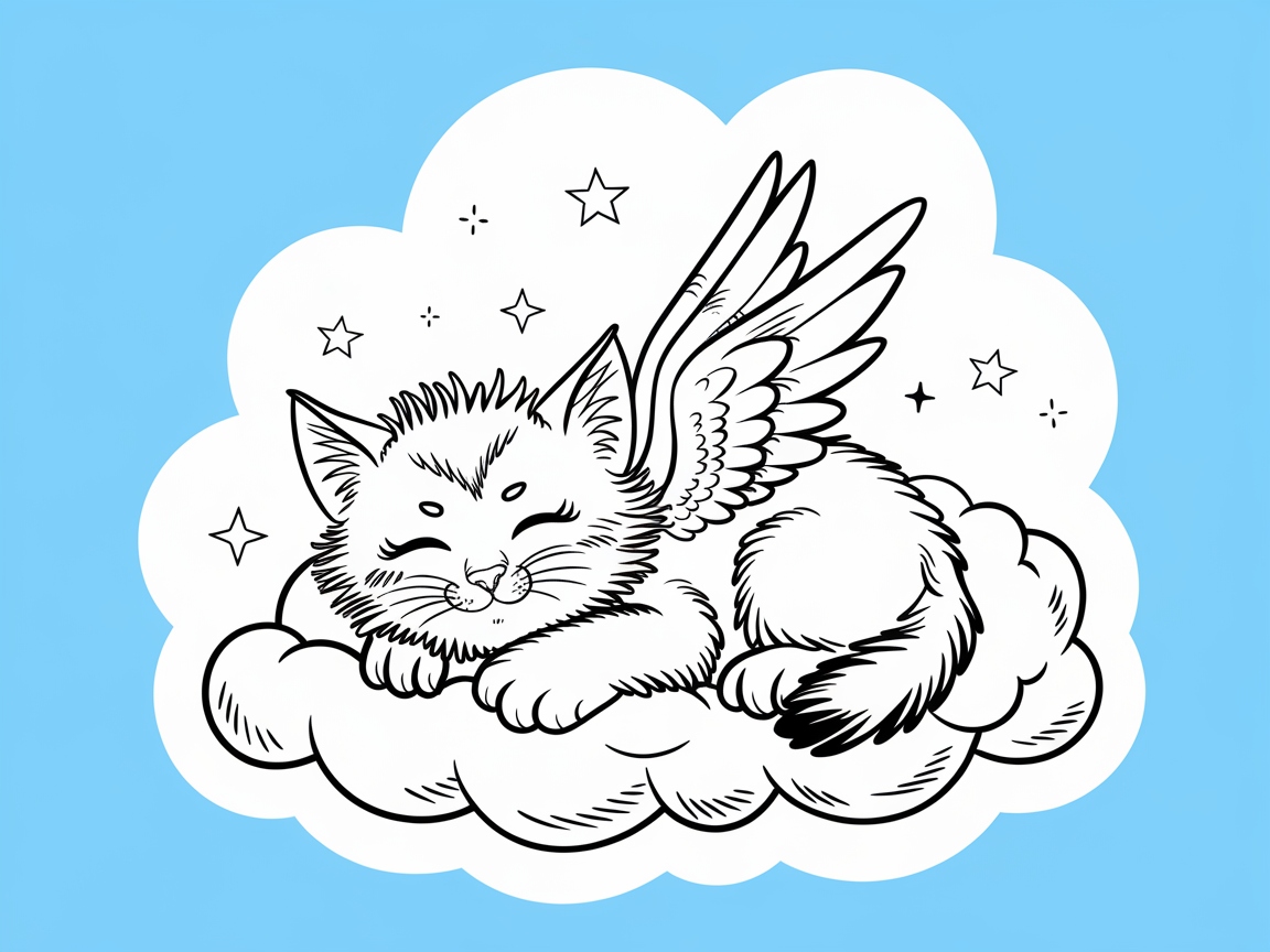 Dreamy Winged Kitten Resting on a Cloud