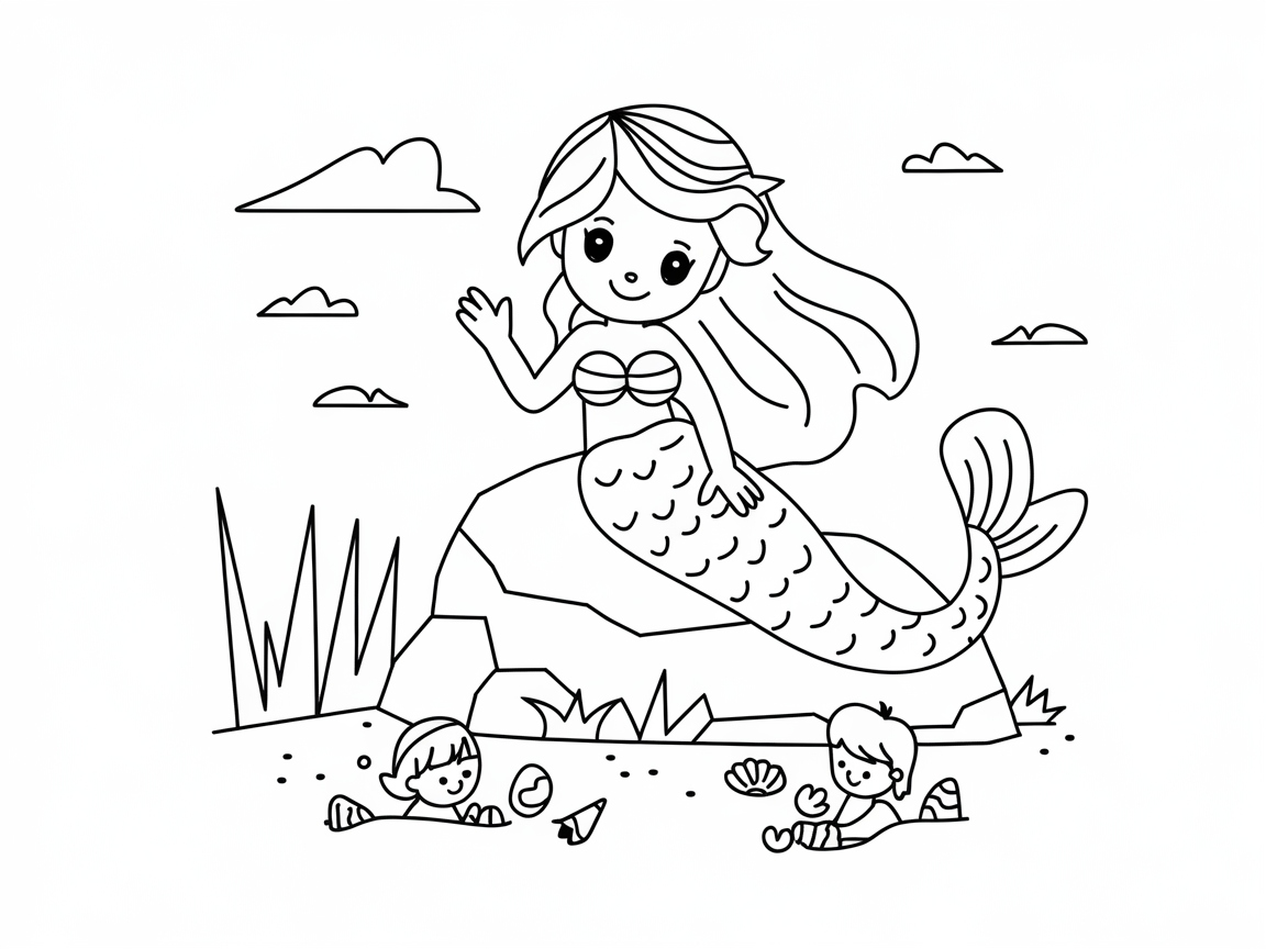Enchanting Mermaid and Beach Explorers Coloring Page
