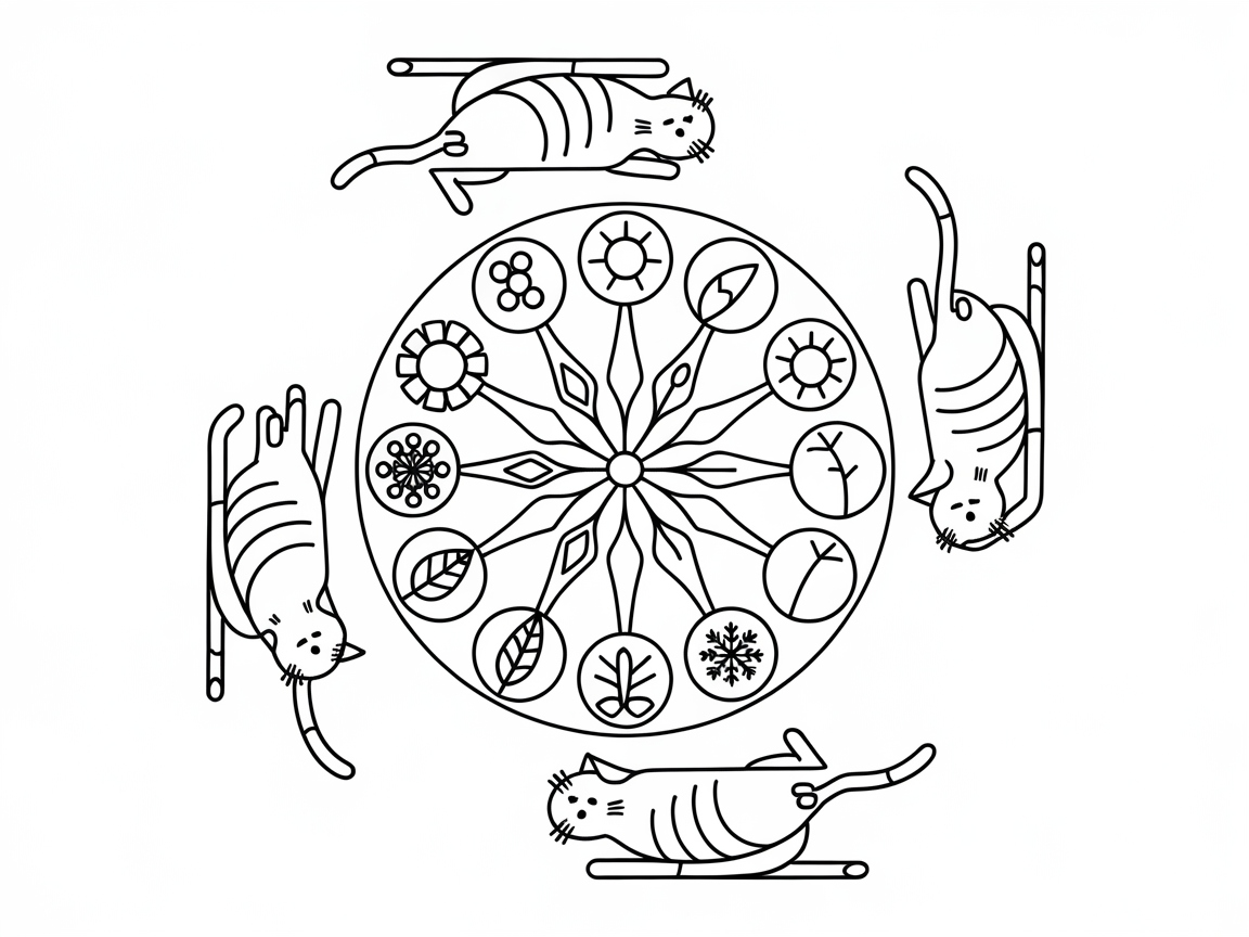 Playful Skating Cats and Nature Mandala