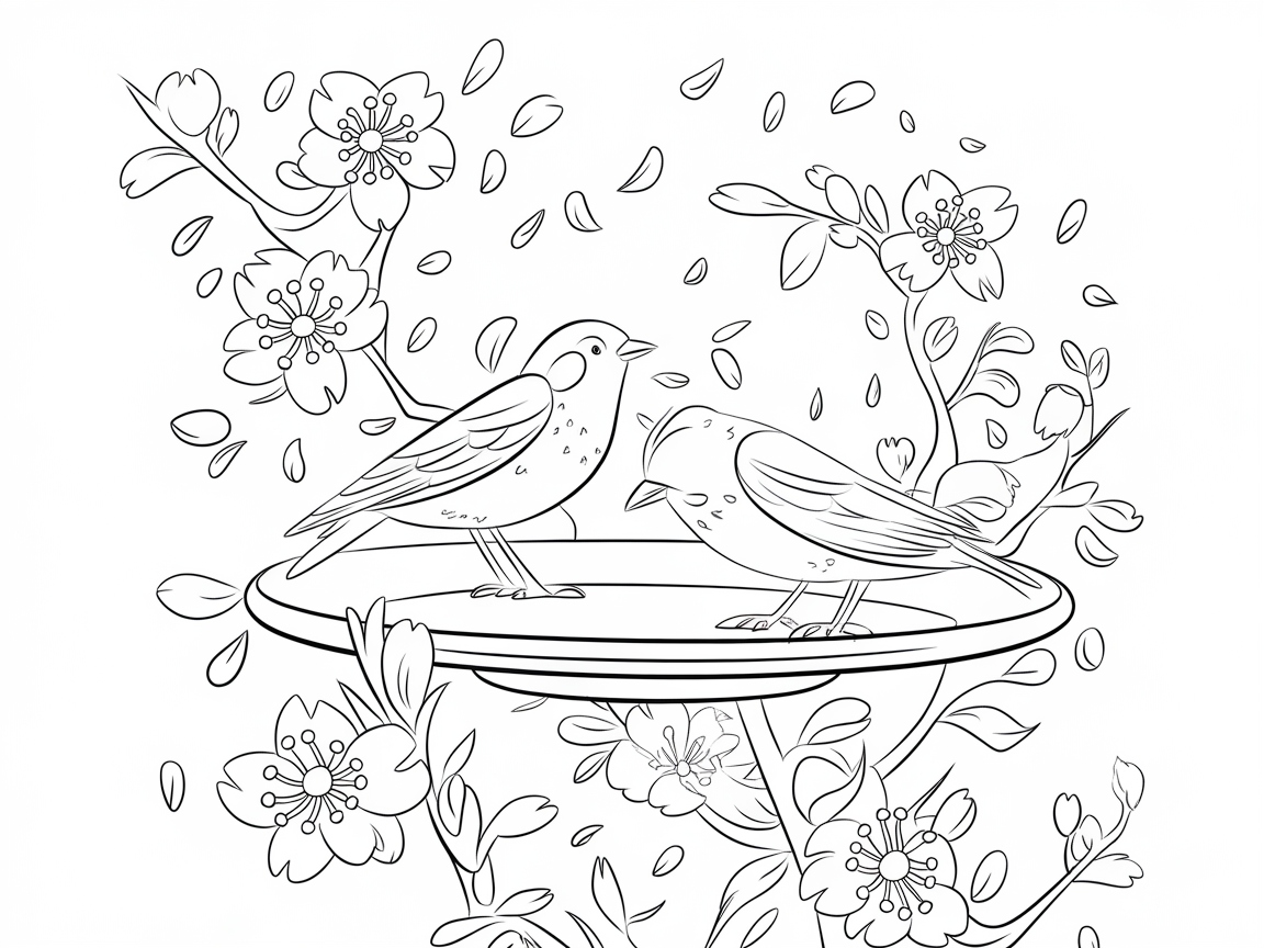 Spring Blossoms and Bird Duo Coloring Page