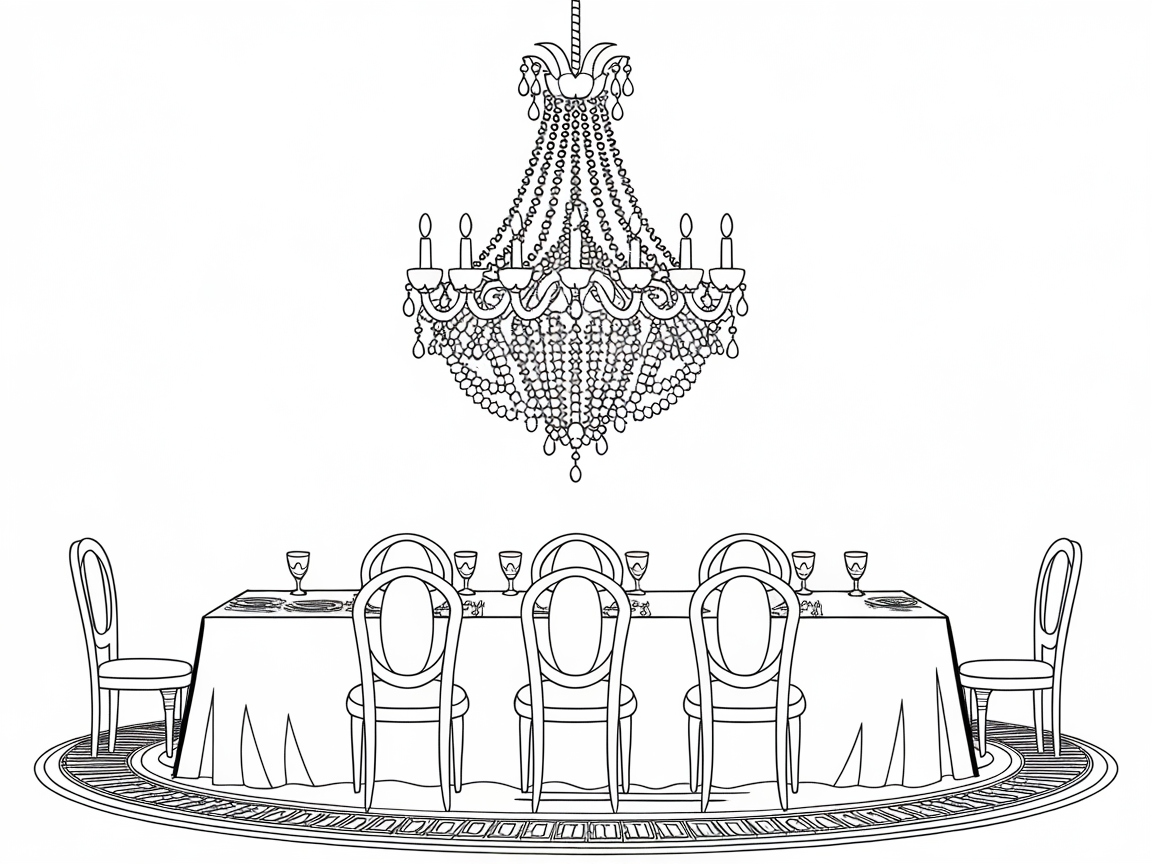 Dine in Elegance: Opulent Chandelier Dining Scene Coloring Page