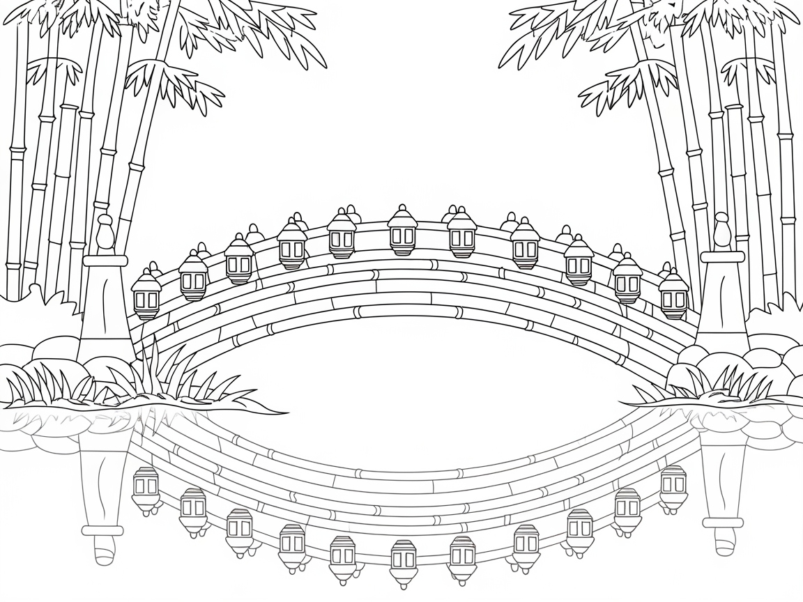 Scenic Bridge with Lanterns and Bamboo