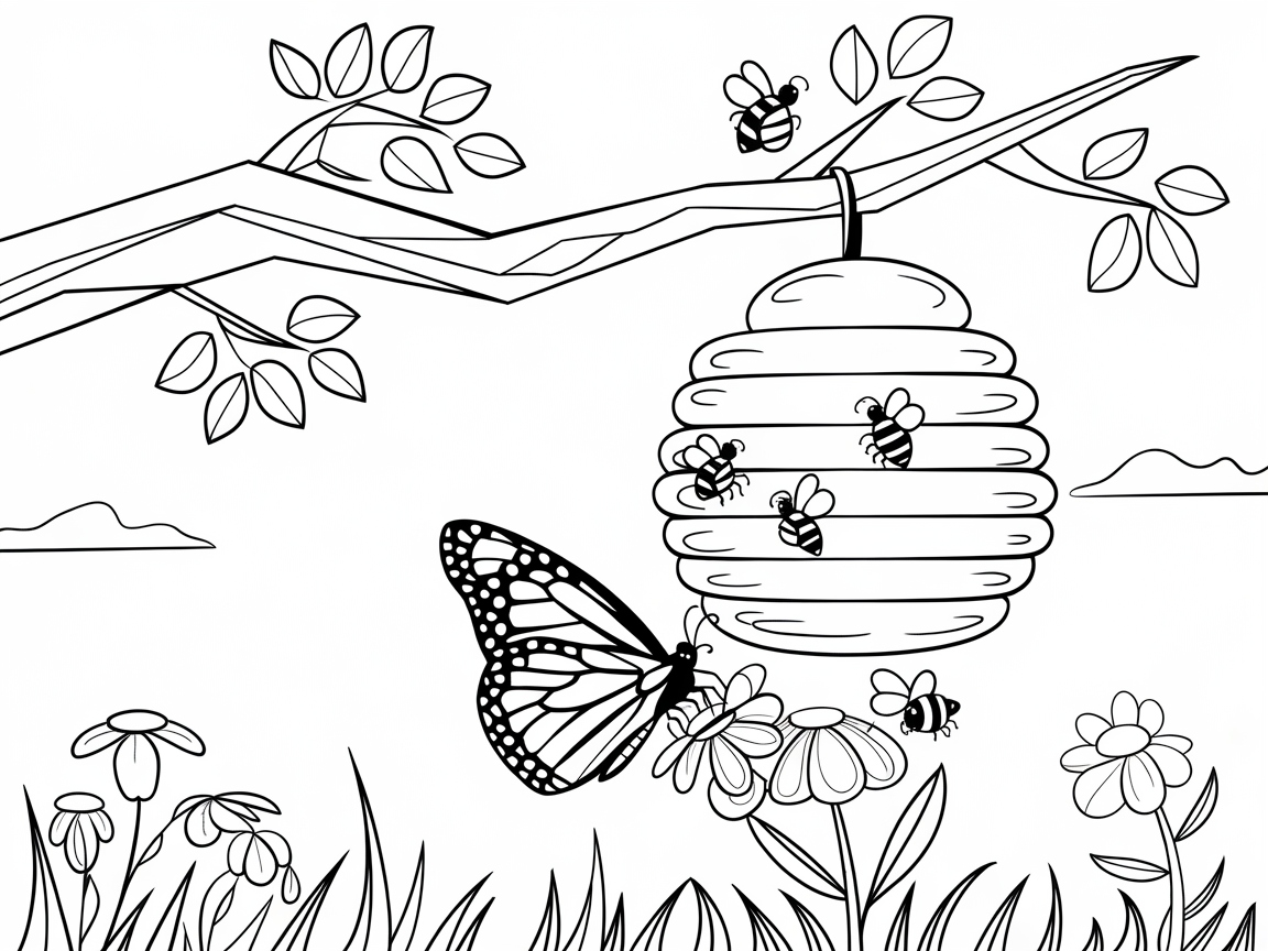 Butterfly and Beehive: A Buzzing Garden Scene