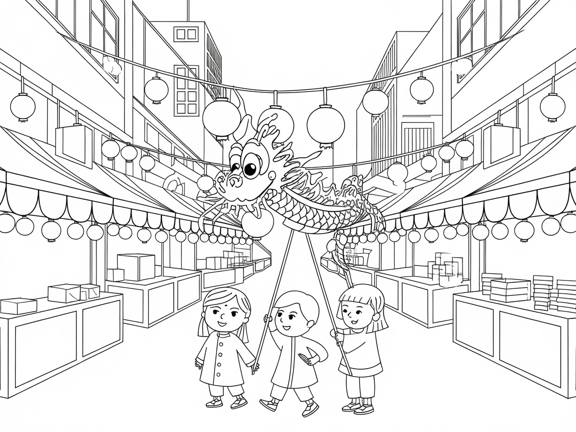 Join the Festivities with a Dragon Street Parade Coloring Page