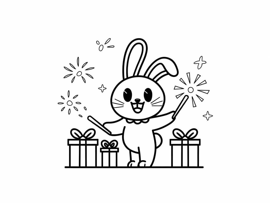 Charming Rabbit and Fireworks Celebration Coloring Page