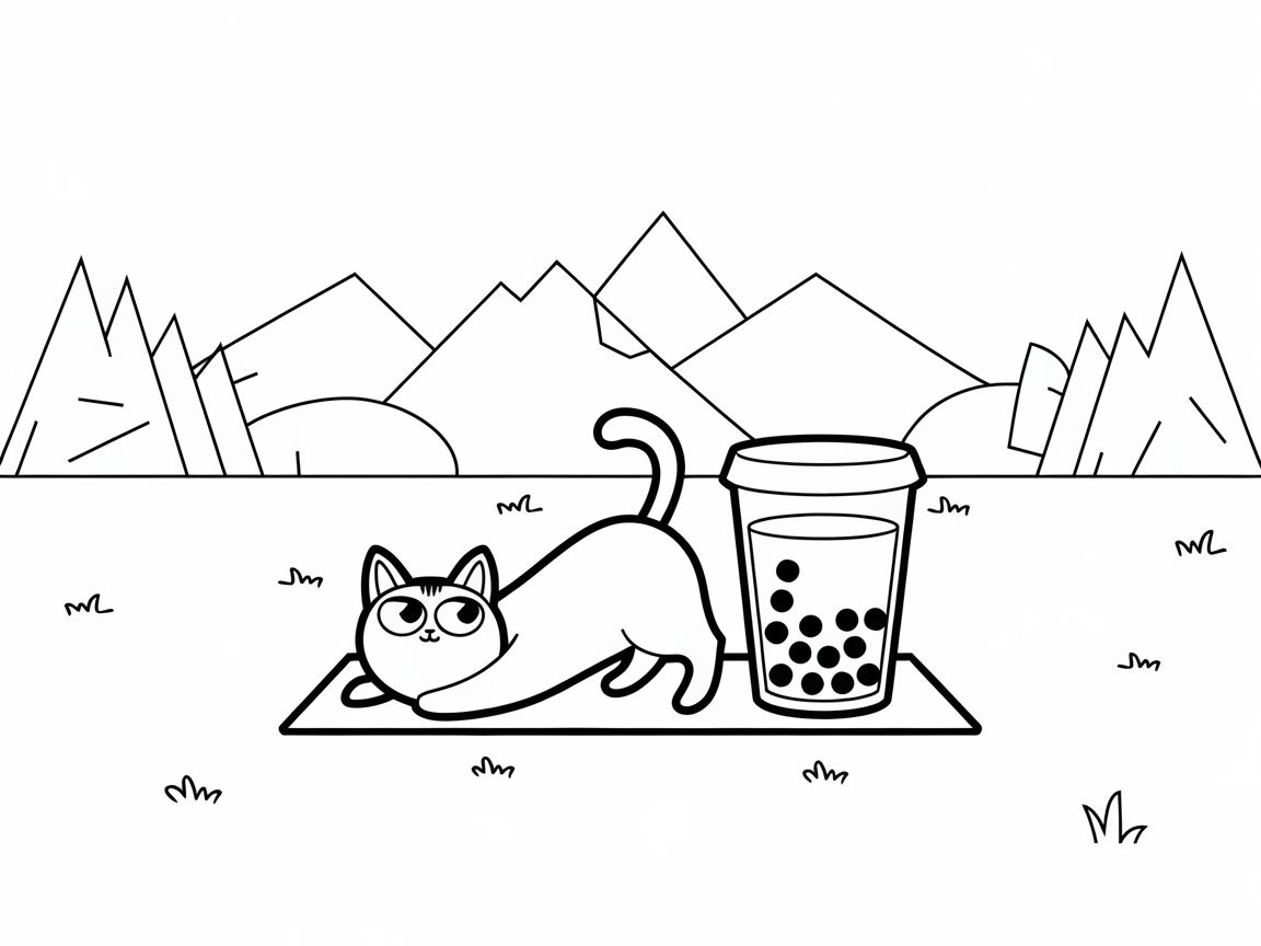 Stretching Cat Enjoying Boba in Nature