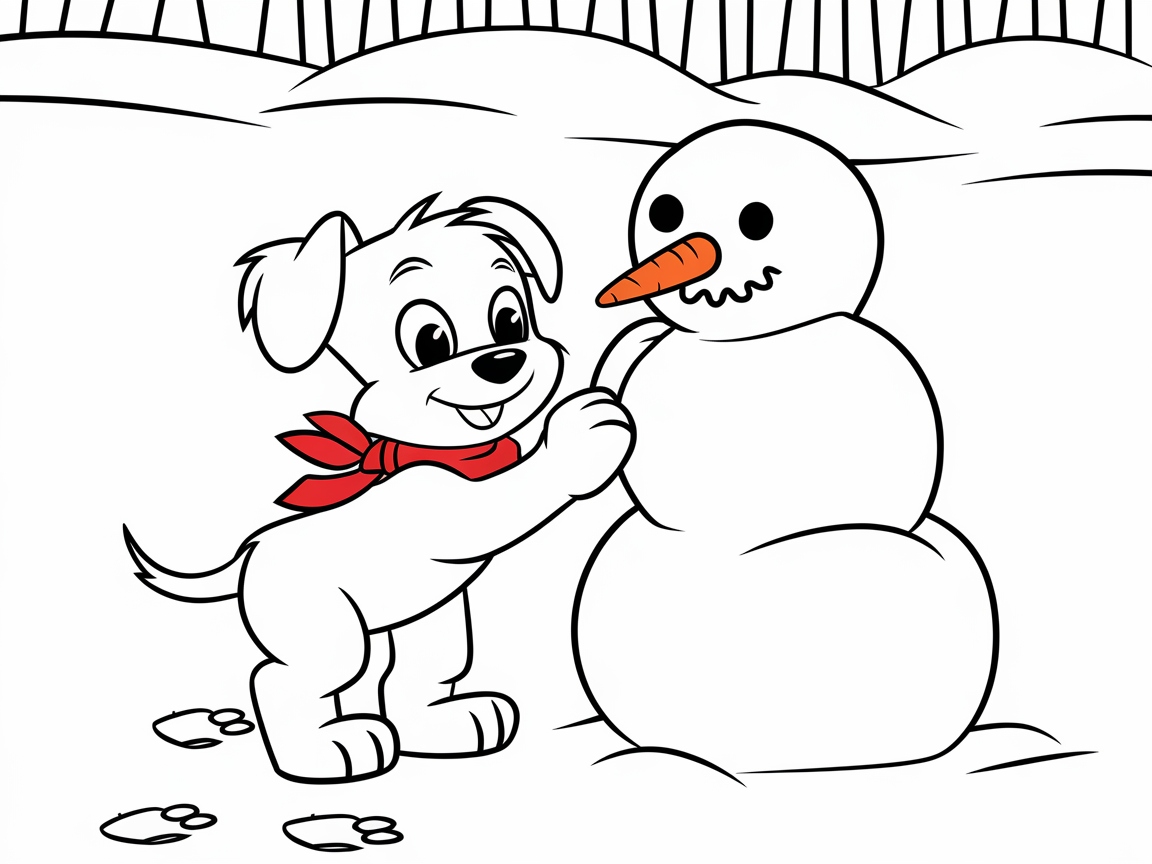Puppy Building a Snowman in the Winter Wonderland