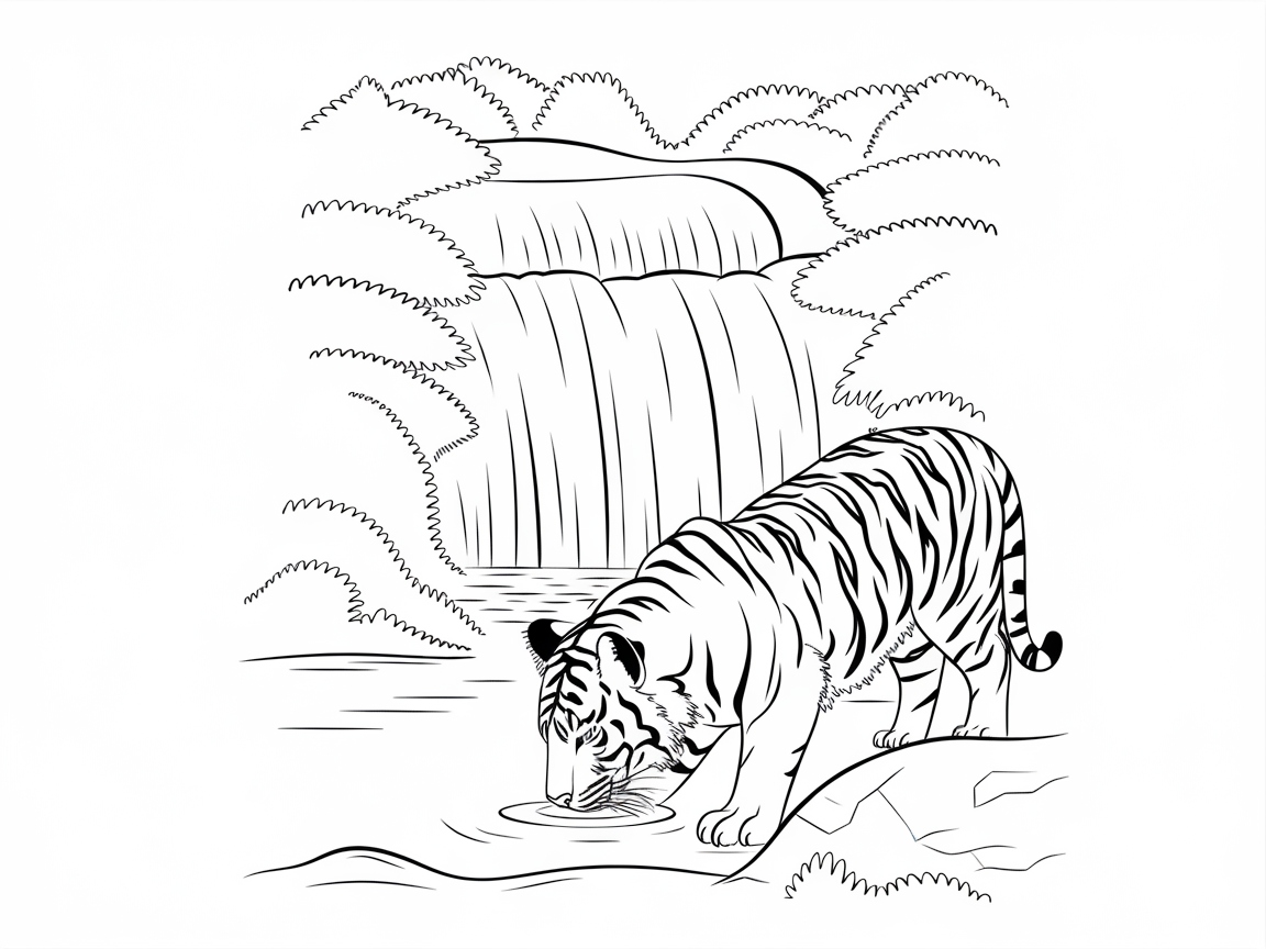 Thirsty Tiger at a Serene Waterfall