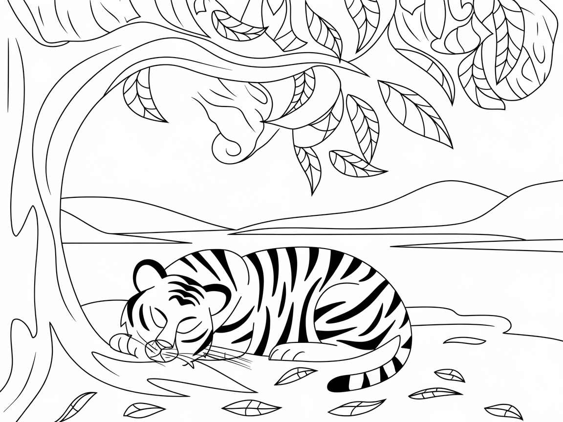 Serene Sleeping Tiger Beneath a Shady Tree