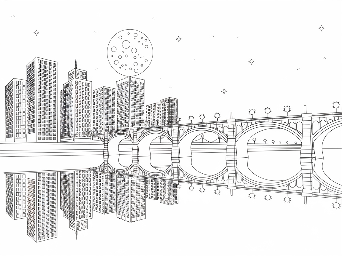 Reflective City Bridge and Skyline Awaits Your Creativity