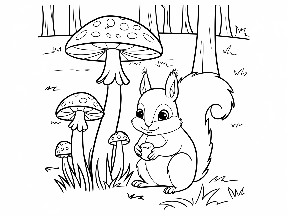 Whimsical Woodland Squirrel and Mushrooms