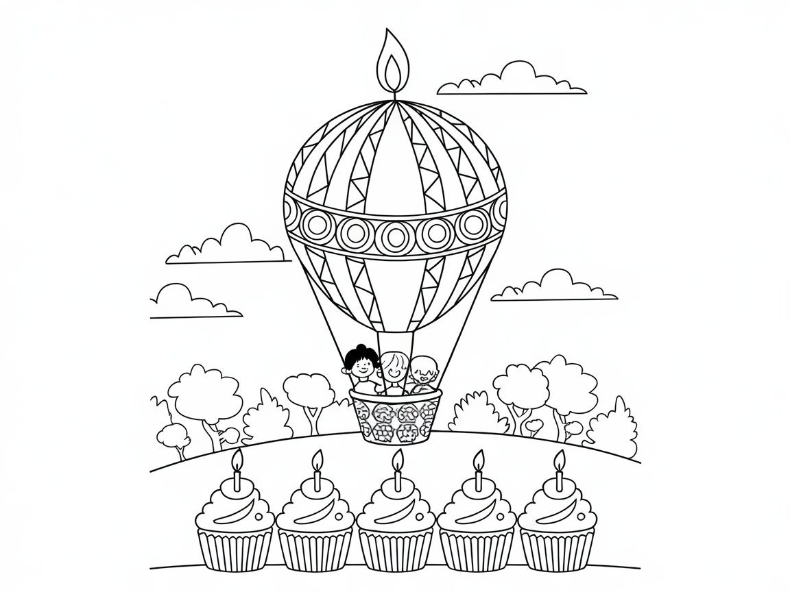 Elevate Your Celebration With This Hot Air Balloon and Cupcake Coloring Scene