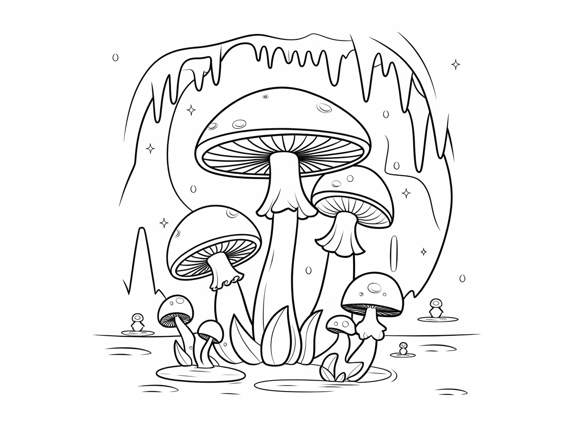 Magical Mushroom Haven Beneath the Stalactites