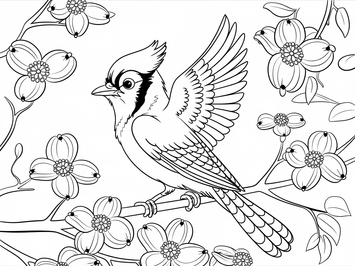 Fluffy Blue Jay Amongst Dogwood Blossoms