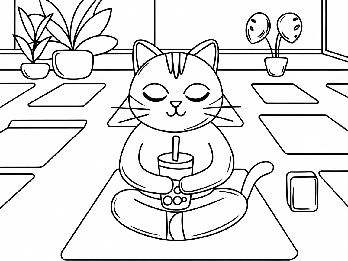 Zen Cat Enjoying Boba at a Yoga Studio