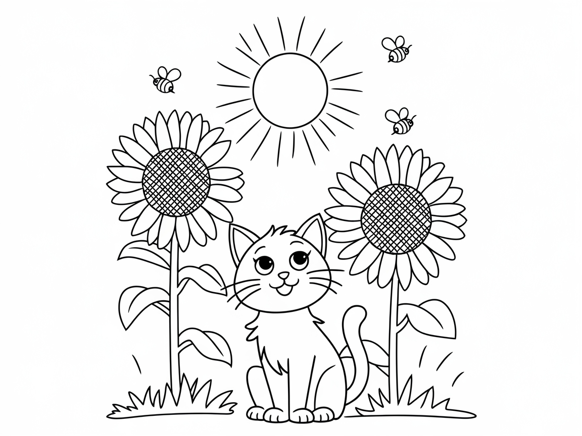 Cute Kitten Enjoying the Sun Among Sunflowers