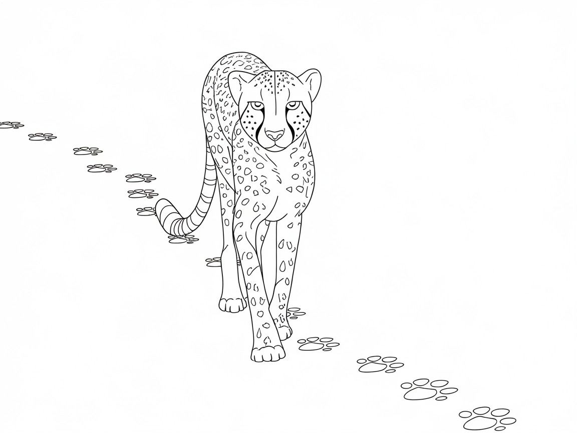 Cheetah Prowling with Pawprints Line Art