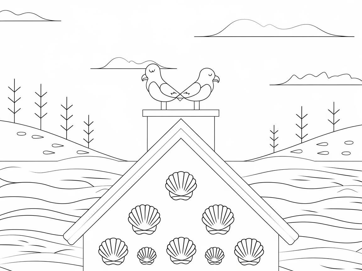 Seaside Cottage with Birds on the Chimney Coloring Page