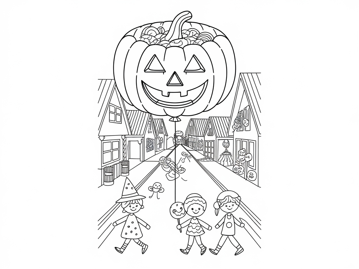 Kids Parading Under a Giant Pumpkin Balloon