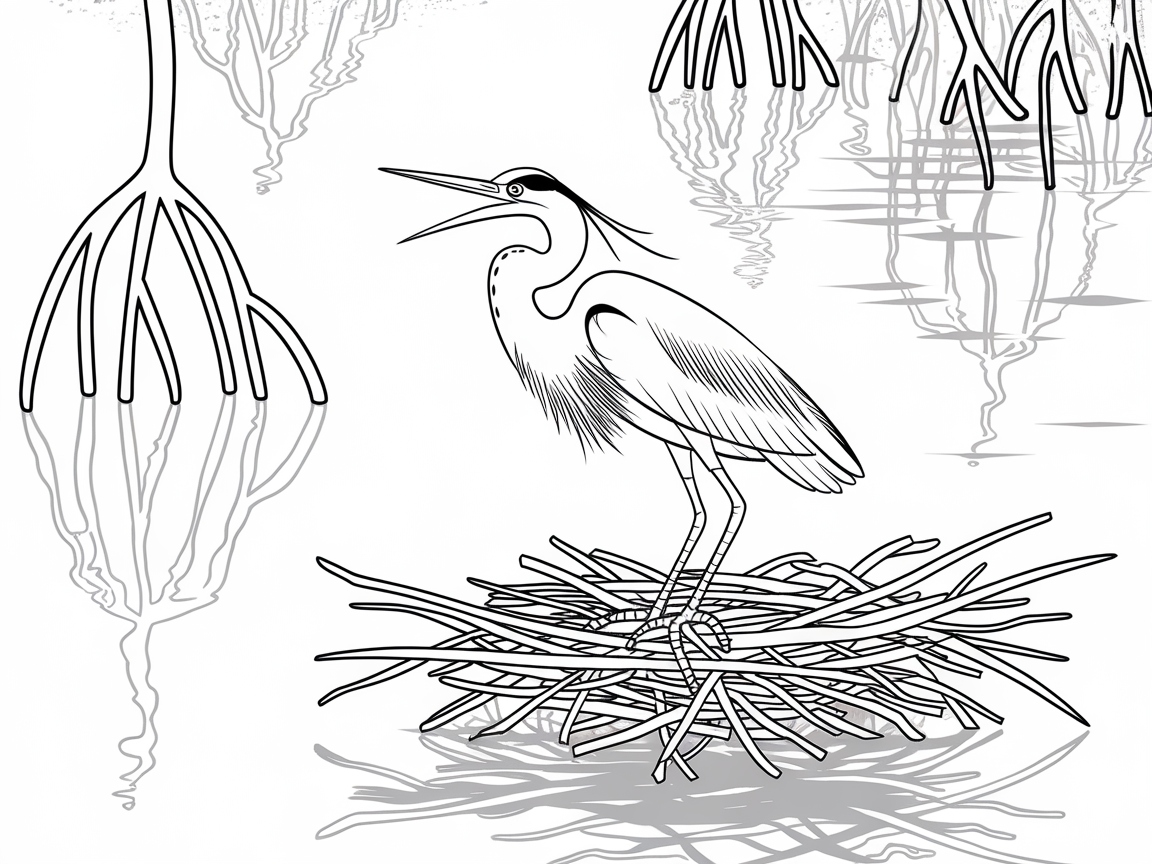Heron Majestically Posed on a Nest by the Water