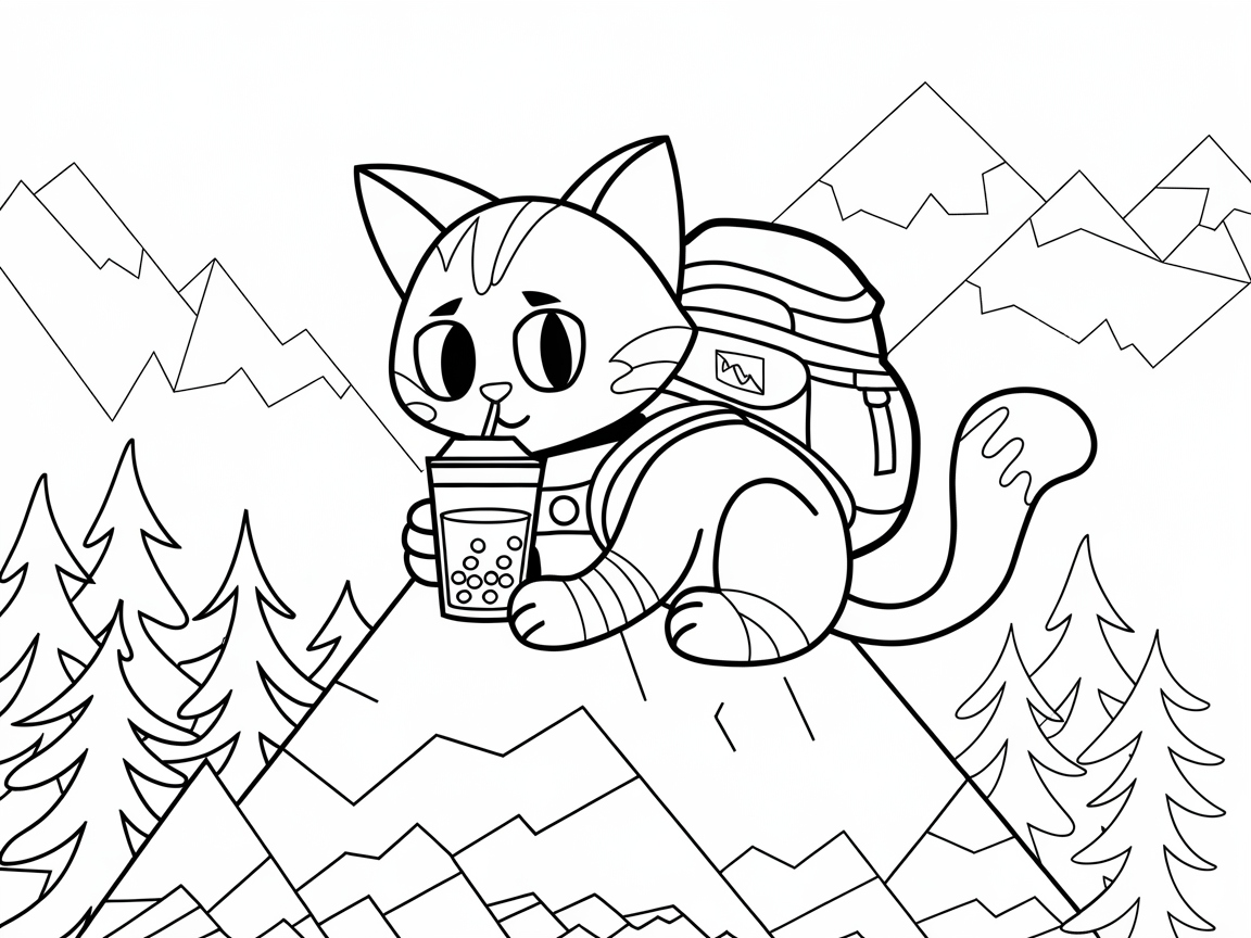 Adventure Cat Sipping Boba on a Mountain Hike