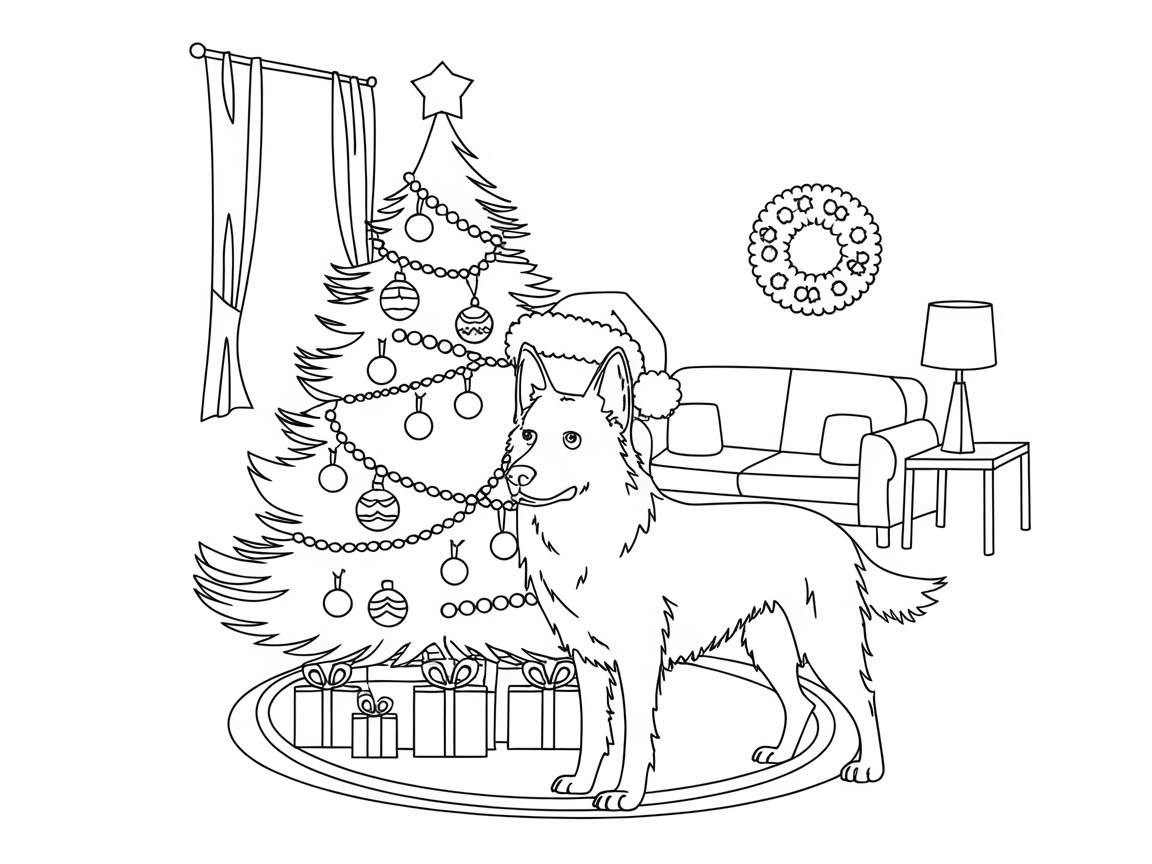 Festive Belgian Malinois by the Christmas Tree