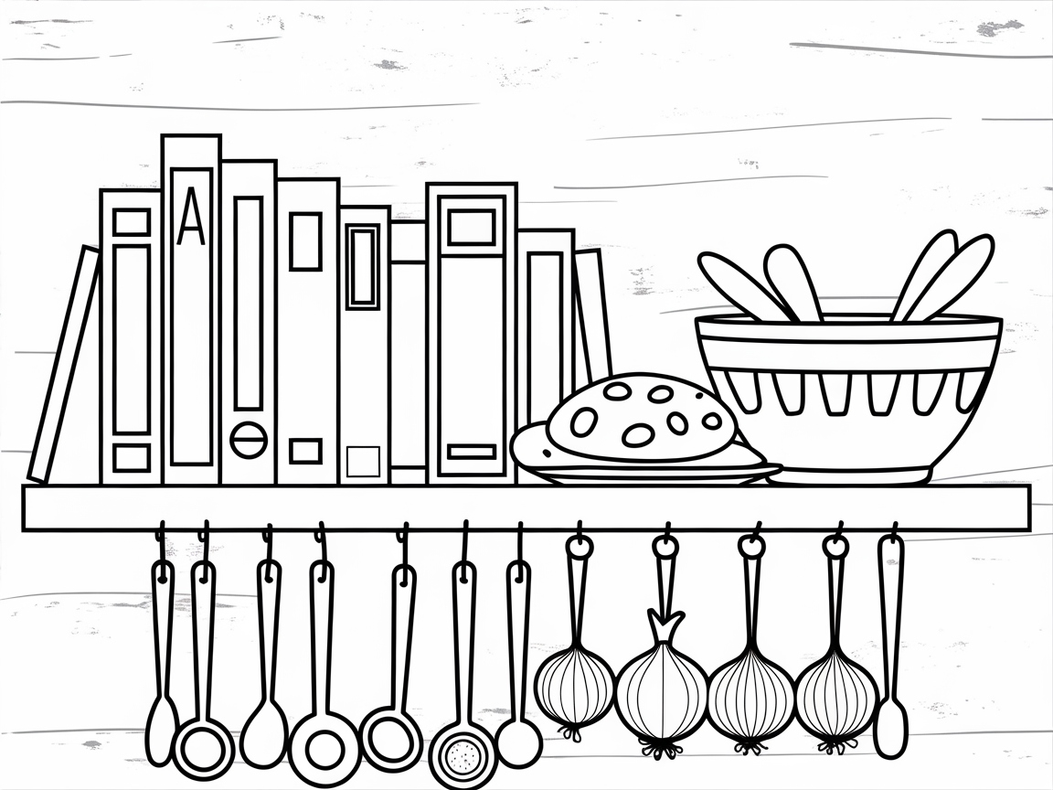 Kitchen Shelf Coloring Page with Culinary Charm