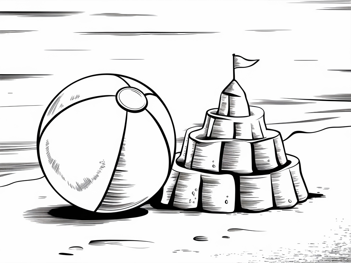 Add Color to This Cheerful Sandcastle and Beach Ball Scene