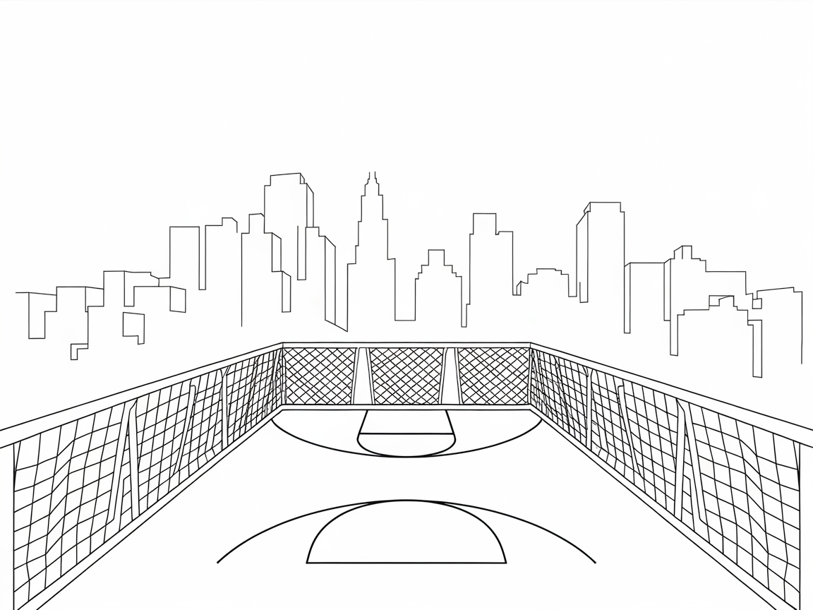 Skyline View Basketball Court Coloring Page