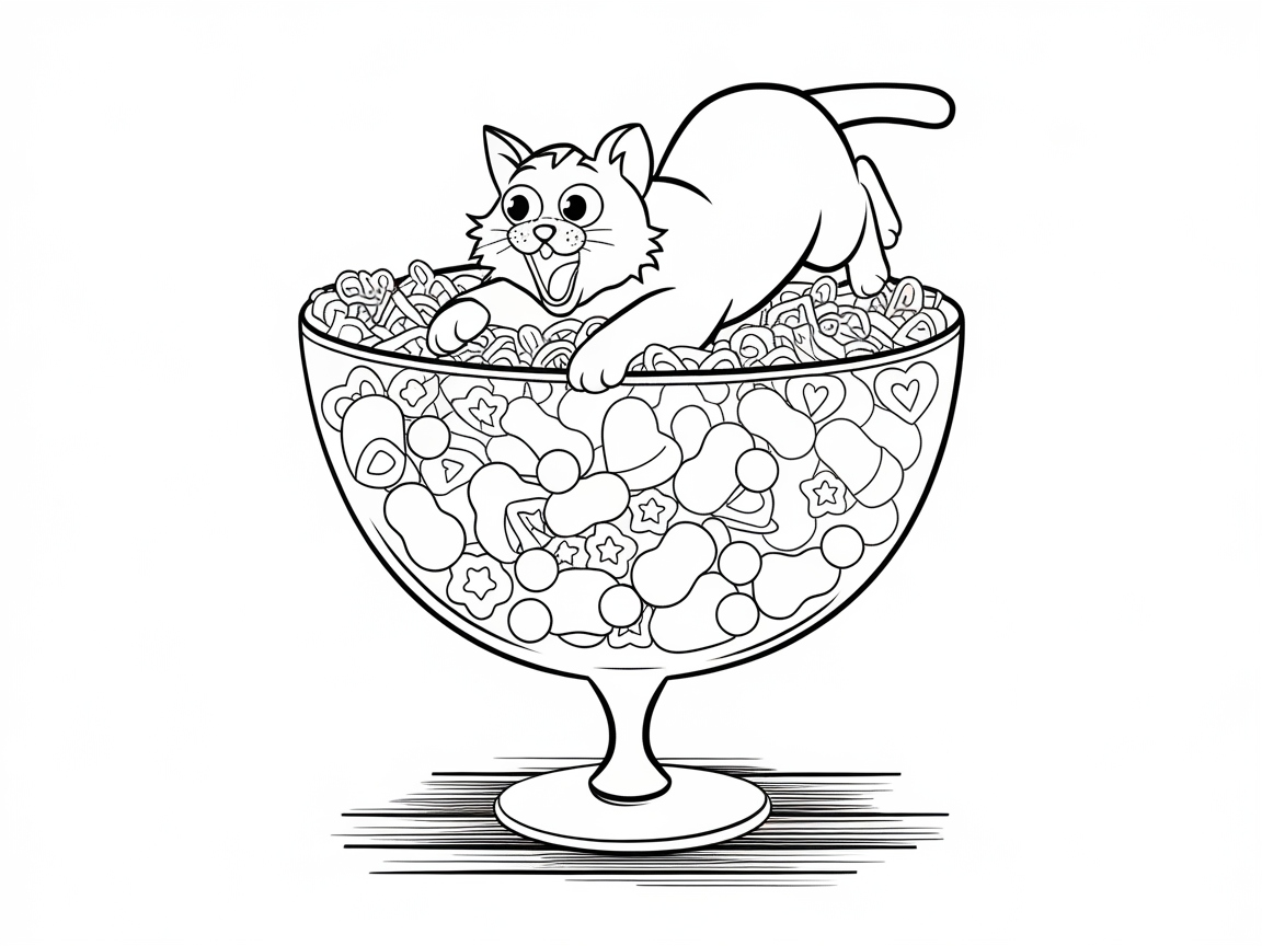 Playful Cat Diving into a Candy Bowl