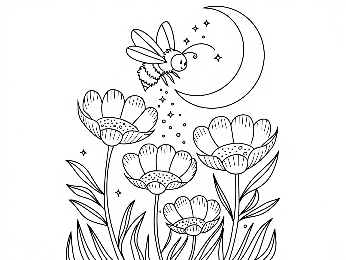 Whimsical Bee and Moonlight Blooms