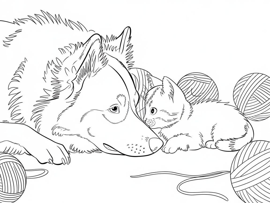 Cozy Bonding Time with a Border Collie and Kitten