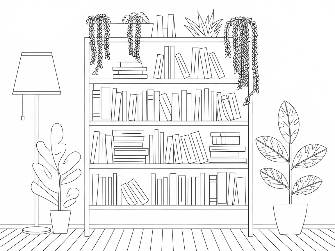 Serene Bookshelf with Hanging Plants