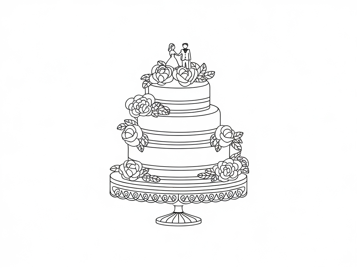 Elegant Wedding Cake Coloring Page with Floral Accents