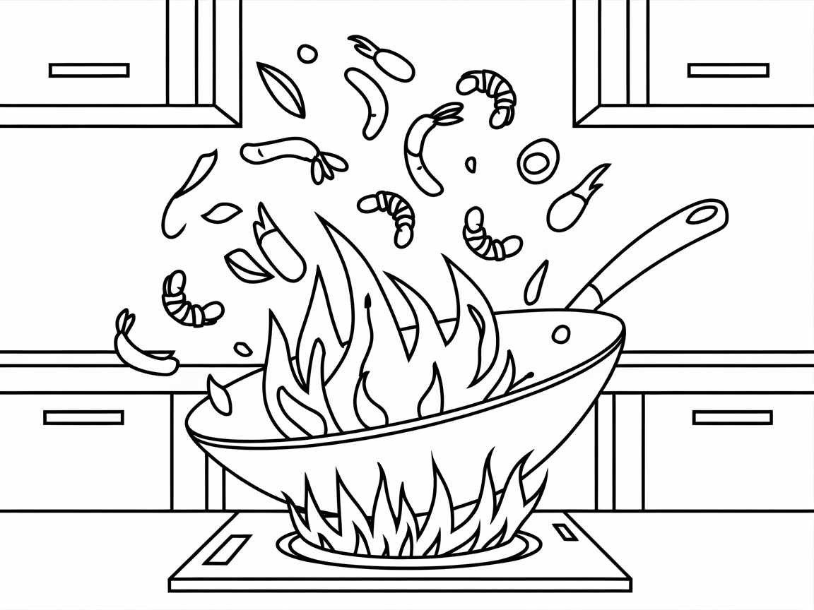 Dynamic Stir-Fry Action Coloring Page