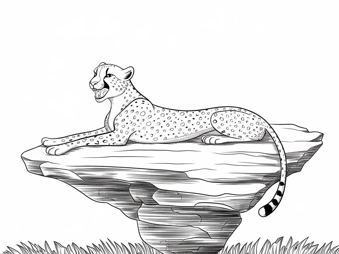 Majestic Cheetah Perched on a Rock Line Art