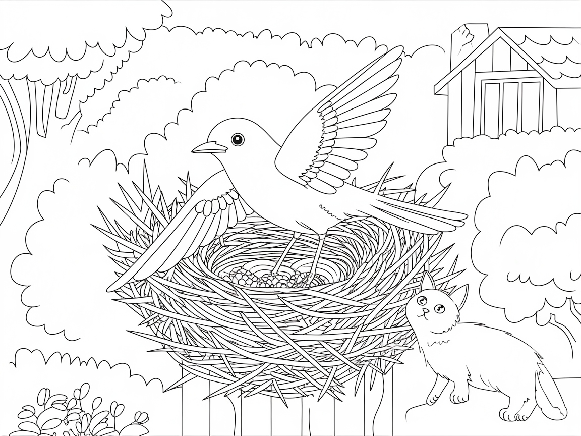 Explore a Curious Scene with Bird and Cat in the Garden