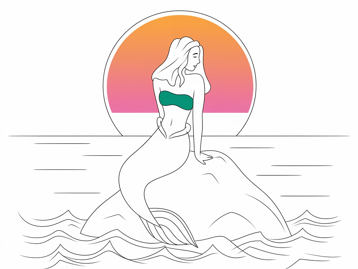 Enchanting Mermaid at Sunset Coloring Page