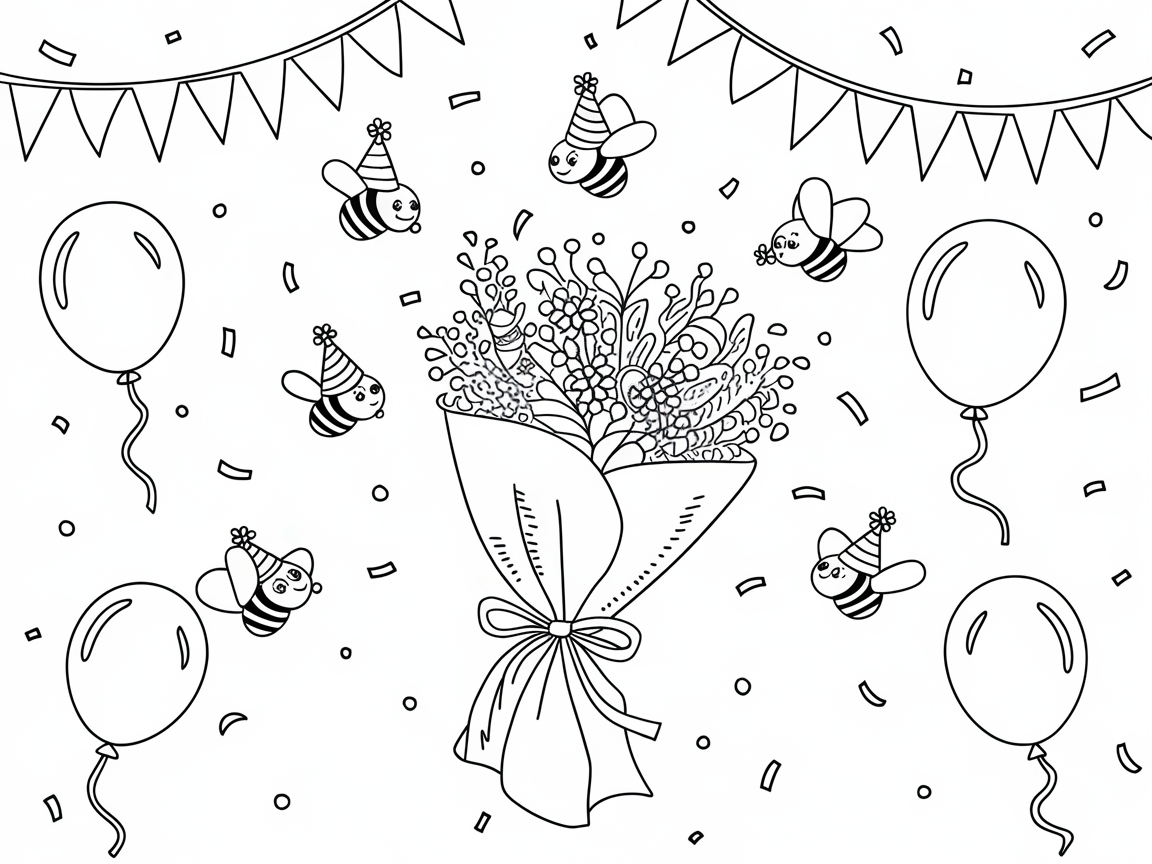 Party Bees Celebrating with Balloons and Flowers