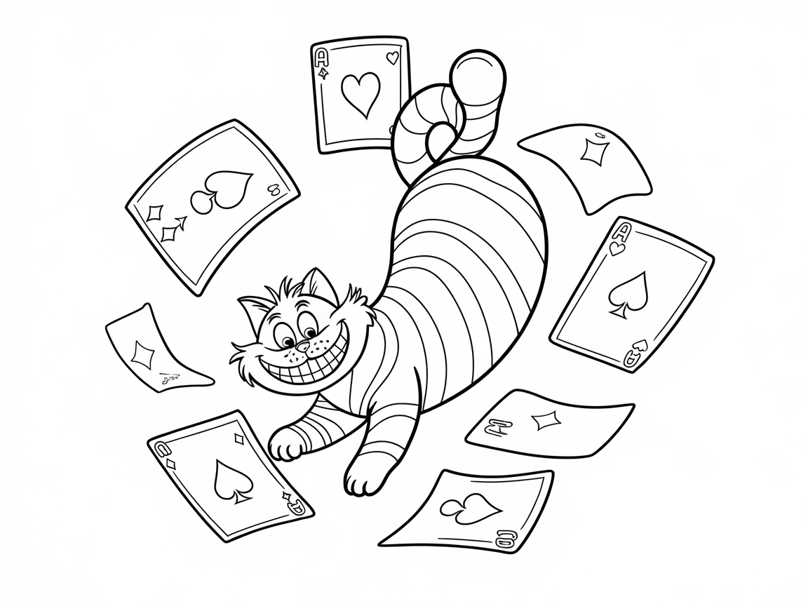 Playful Cheshire Cat with Flying Cards