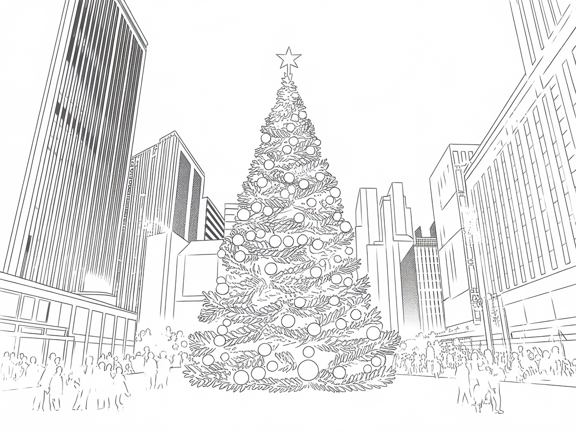 Grand Christmas Tree in a Bustling Cityscape