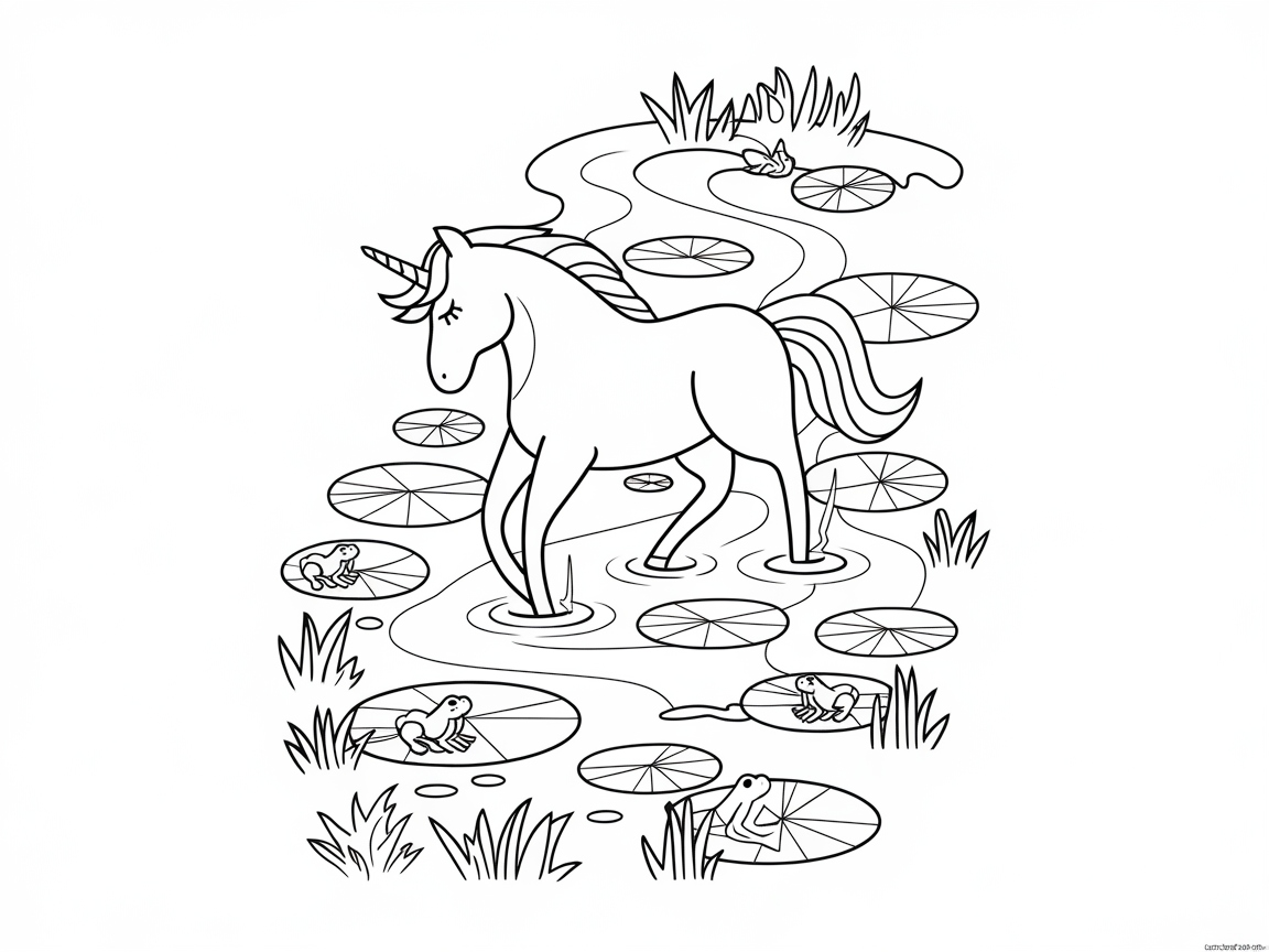 Tranquil Unicorn Wading Through a Lily Pond