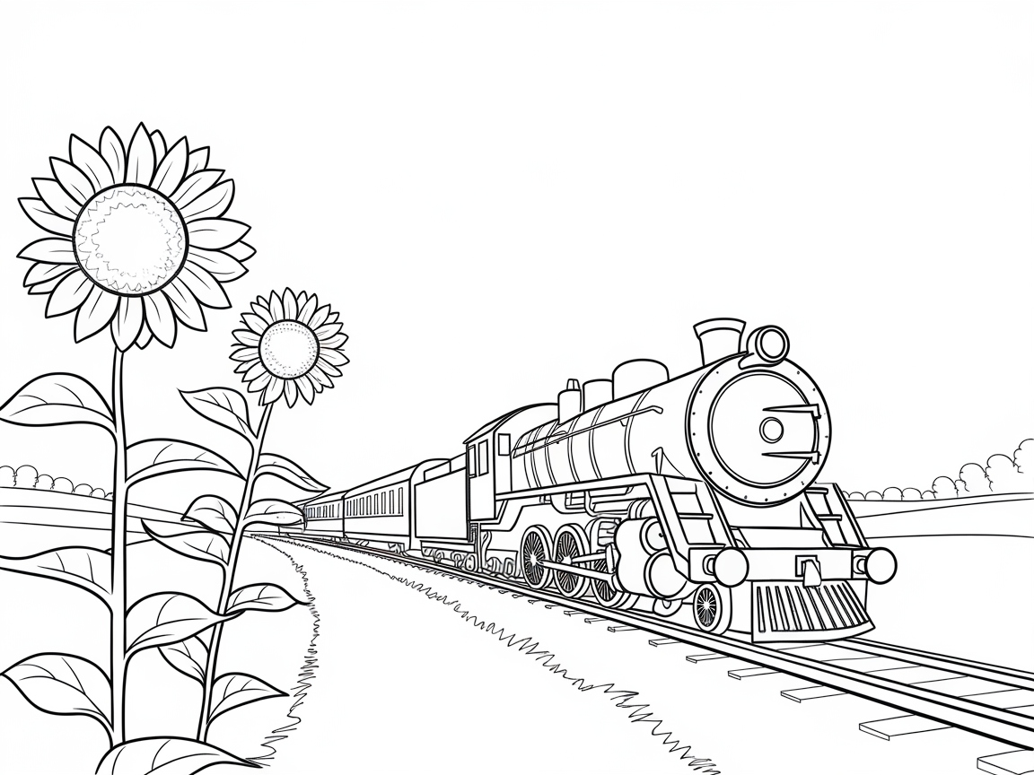 Steam Train and Sunflower Fields Coloring Page