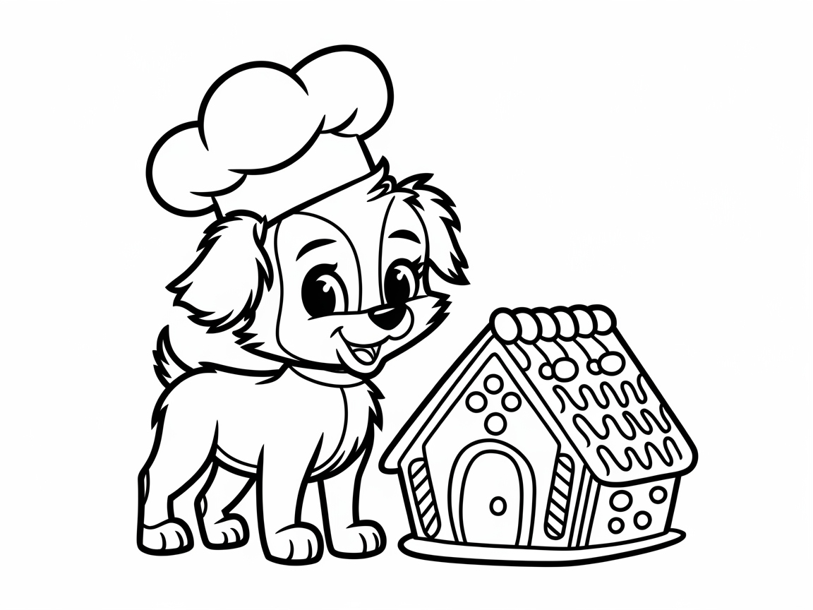Cute Puppy Chef with a Gingerbread House