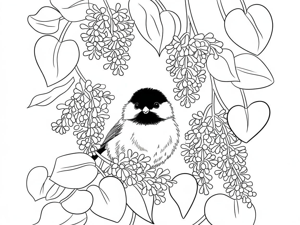 Charming Chickadee Among Floral Vines
