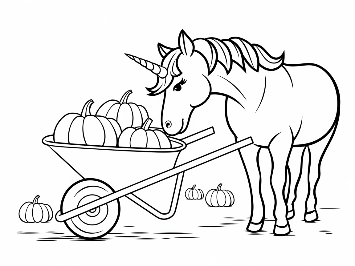 Harvest Unicorn with a Wheelbarrow of Pumpkins