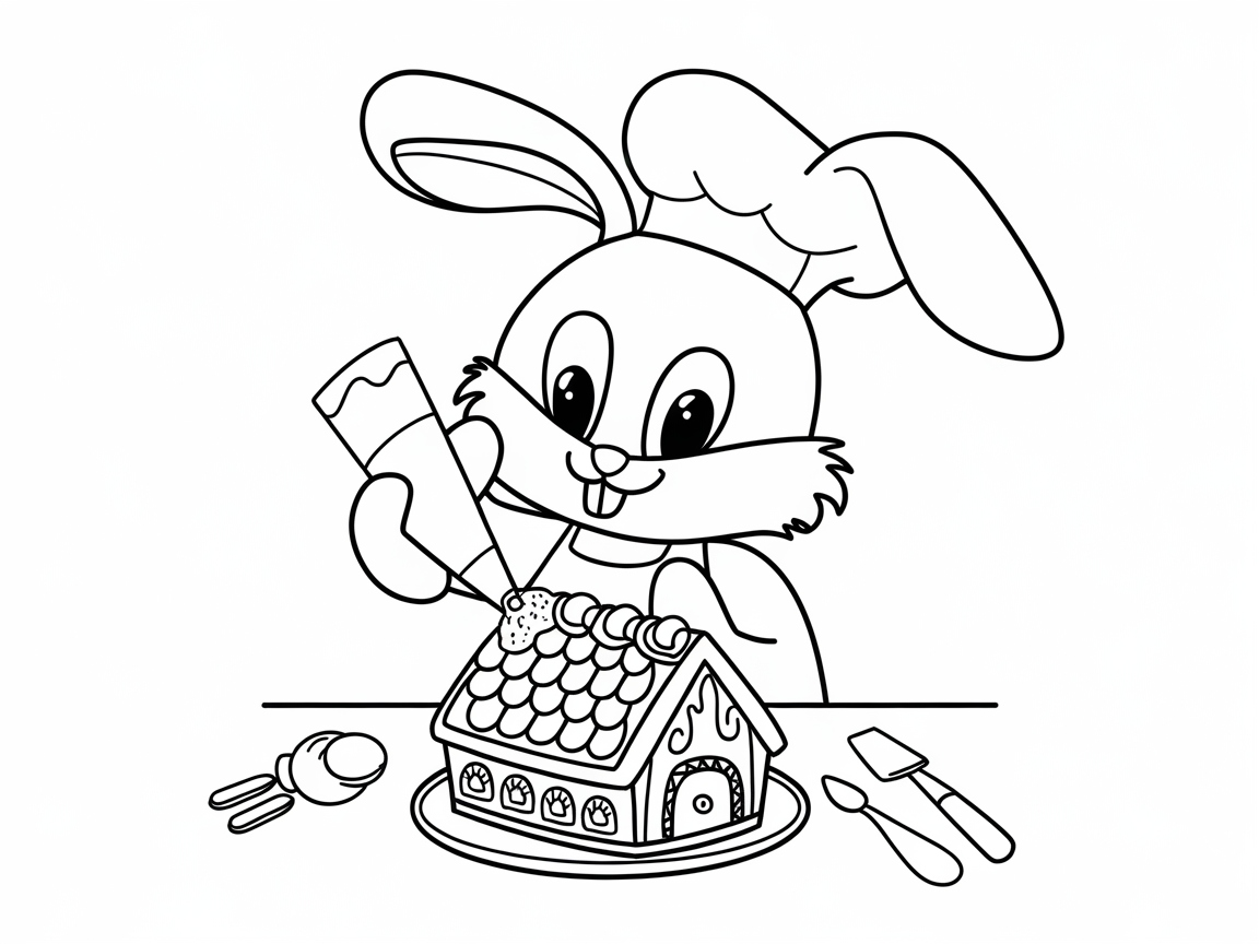 Creative Bunny Decorating a Gingerbread House