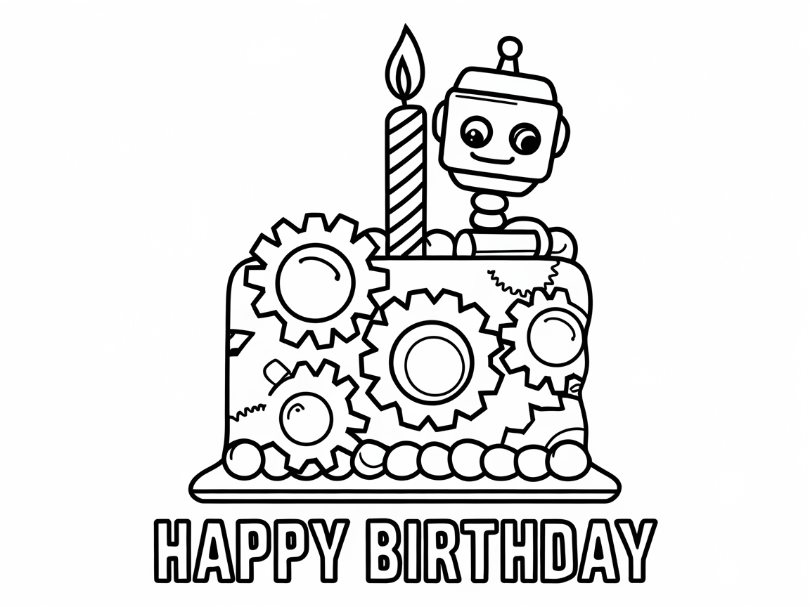 Gear Up for Fun with This Robot Birthday Cake Coloring Page