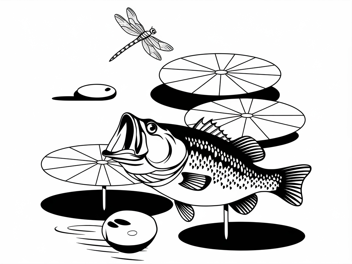 Lively Lily Pad Encounter: Bass and Dragonfly